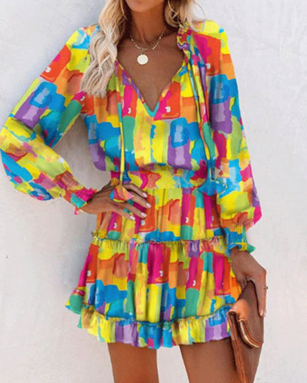 Women's Floral & Leopard Print Puff Sleeve Waist-Tie Dress