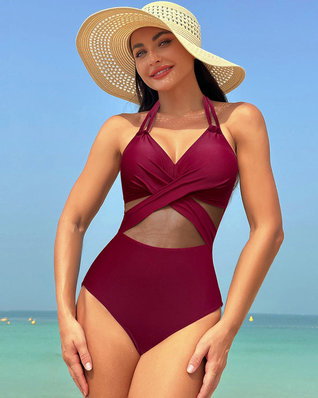 Halter-Neck Cross-Strap One-Piece Swimsuit – Mesh Detail Beach Swimwear