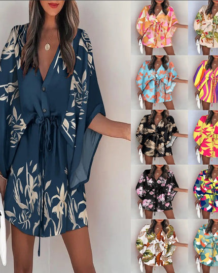 Women's Silk A-Line Printed Dress – V-Neck, Flying Sleeves, S–XXXL