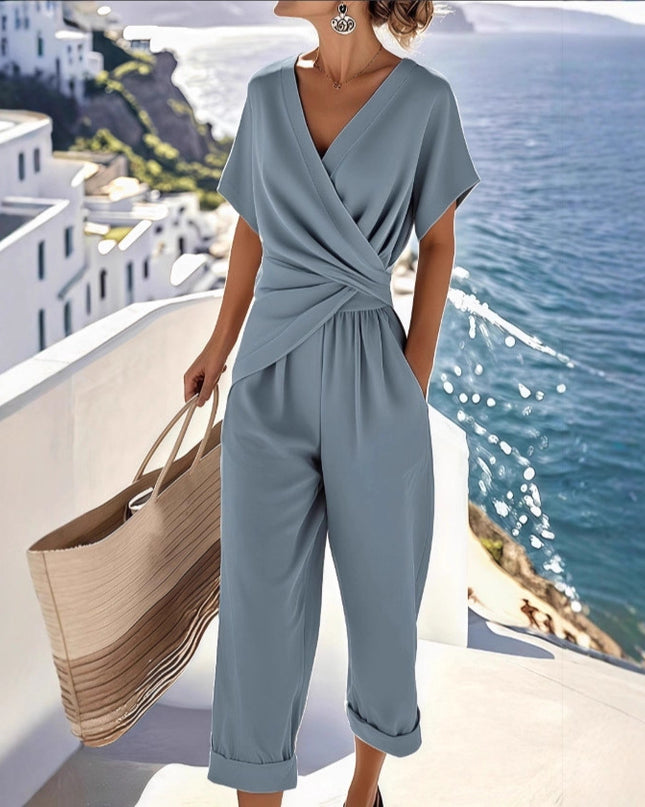 Pleated Irregular Two-Piece Set | V-Neck Top & Cropped Pants for Women