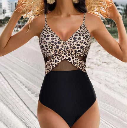 Halter-Neck Cross-Strap One-Piece Swimsuit – Mesh Detail Beach Swimwear