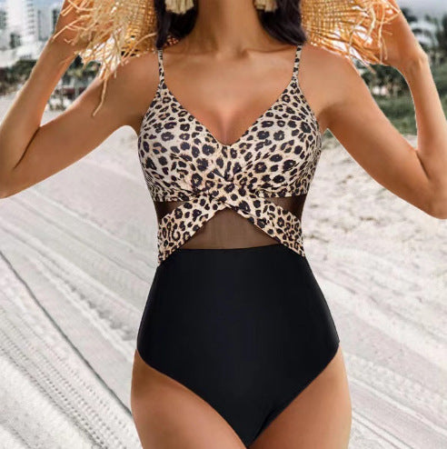 Halter-Neck Cross-Strap One-Piece Swimsuit – Mesh Detail Beach Swimwear
