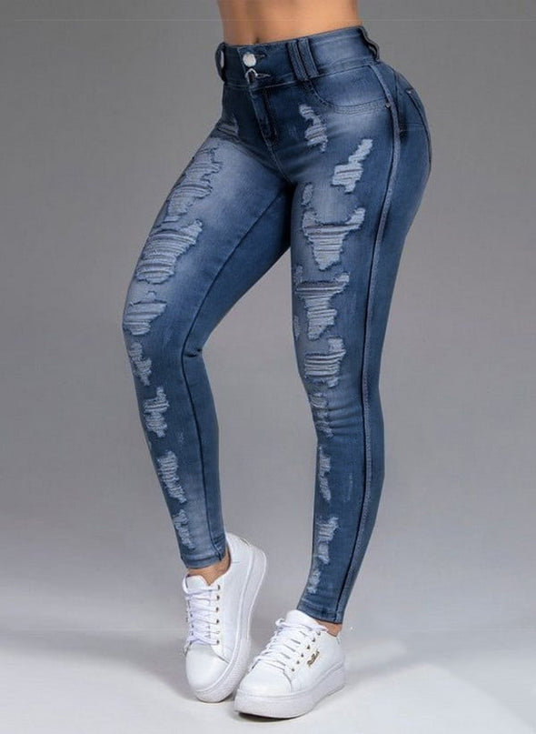 Women's Ripped Stretch Straight-Leg Jeans – Mid-Waist, 4 Colors, S–6XL