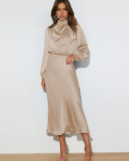 Satin Halter Neck Midi Dress – Lantern Sleeve Formal Evening Dress
