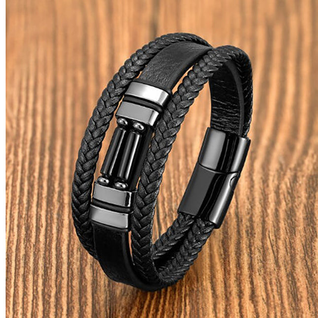 Stainless Steel Magnetic Buckle Tiger's Eye Leather Bracelet