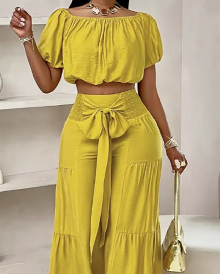 Women's Elegant Two-Piece Set |  Top & High-Waisted Flared Pants