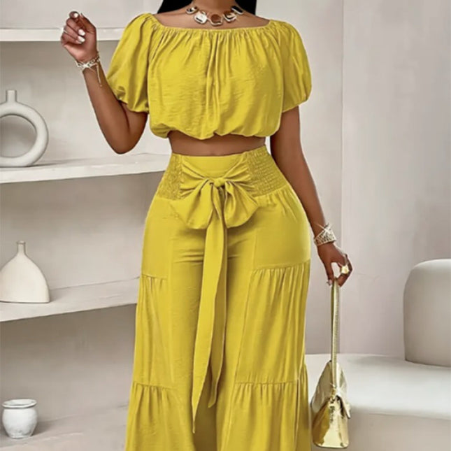 Women's Elegant Two-Piece Set |  Top & High-Waisted Flared Pants