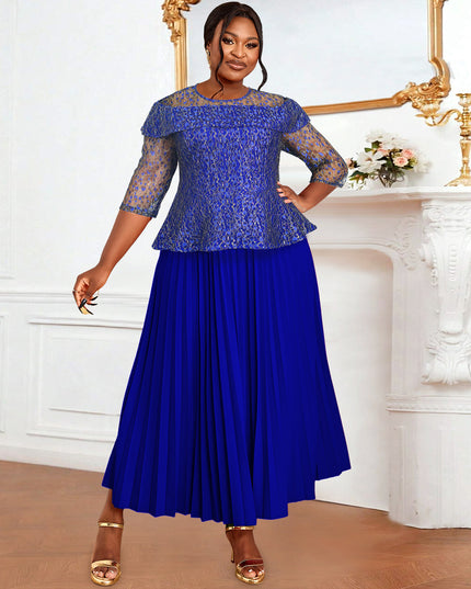 Women's Elegant Lace 3/4 Sleeve Pleated Midi Dress