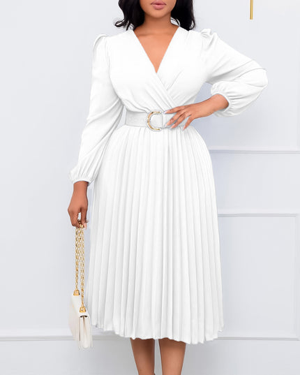 Long Sleeve V-Neck Pleated Midi Dress with Belt | High Waist Elegant Dress