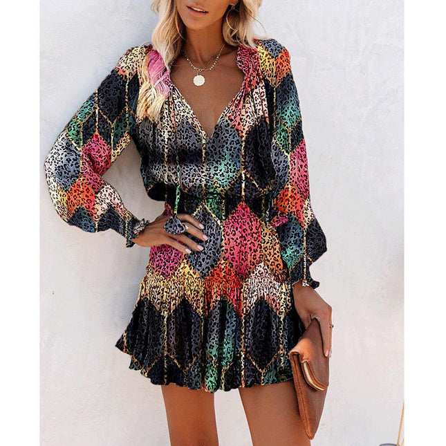 Women's Floral & Leopard Print Puff Sleeve Waist-Tie Dress