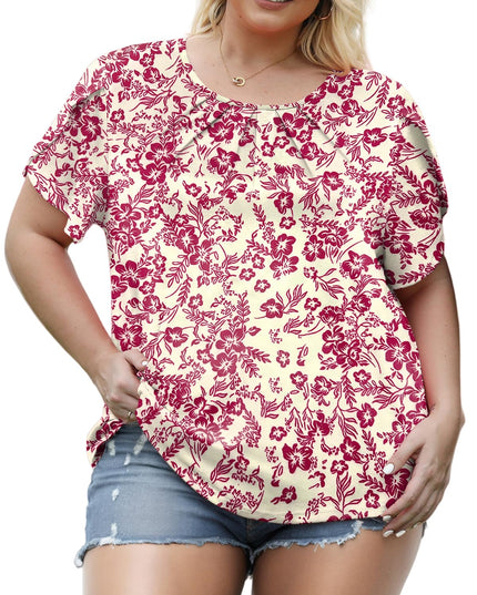 Women's Plus Size Floral Tunic Top – Petal Sleeves, Crew Neck, Loose Fit