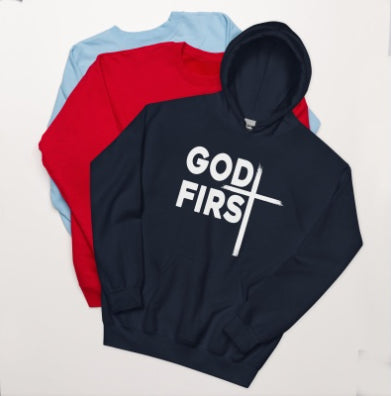 "God First" Christian Unisex Hoodie – 4 Colors, Sizes S–3XL