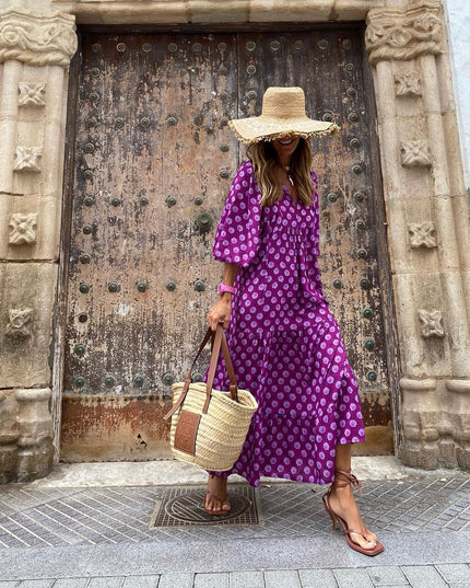 Vintage Floral Bohemian Maxi Dress | V-Neck Short Sleeve Long Dress for Women
