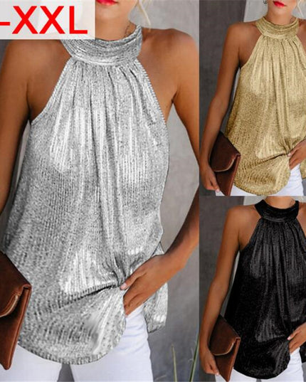 Women's Shiny Sleeveless Vest Top – Black, Silver, Gold & Leopard, S–XXL