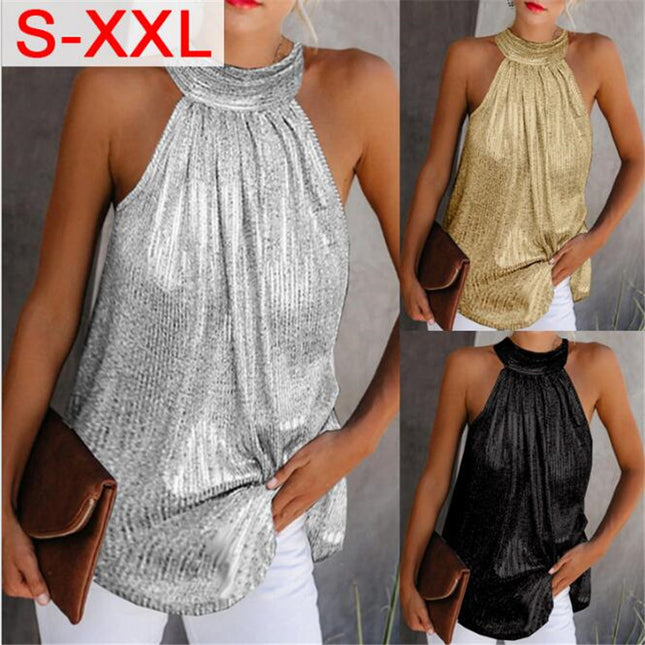 Women's Shiny Sleeveless Vest Top – Black, Silver, Gold & Leopard, S–XXL