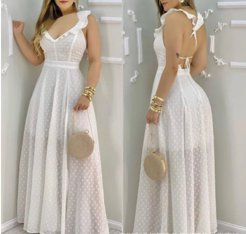 Women's Sleeveless V-Neck Swing Maxi Dress – White & Pink, S–XL