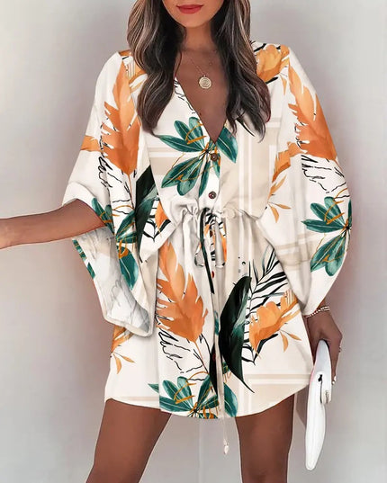 Women's Silk A-Line Printed Dress – V-Neck, Flying Sleeves, S–XXXL