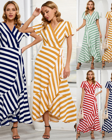 Women's Ice Silk Striped Maxi Dress – Slim Fit, Short Sleeve, 4 Colors