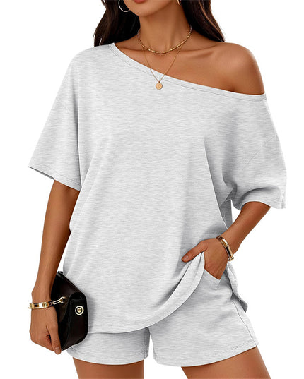 Women's Drop-Shoulder Slant-Neck Top & Shorts Set