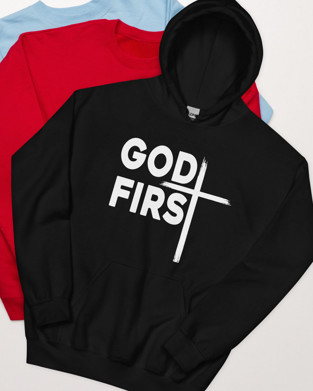 "God First" Christian Unisex Hoodie – 4 Colors, Sizes S–3XL