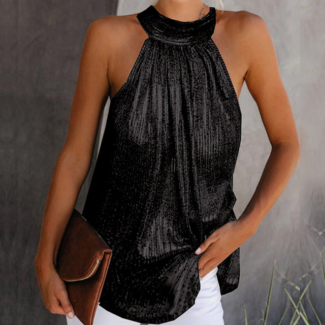 Women's Shiny Sleeveless Vest Top – Black, Silver, Gold & Leopard, S–XXL