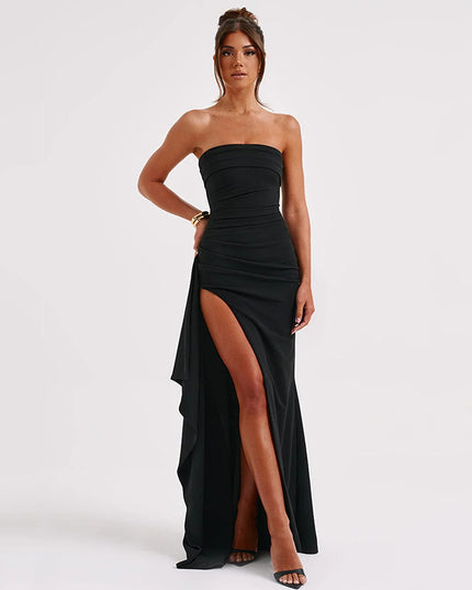 Strapless Backless Maxi Dress – Pleated A-Line Split Gown
