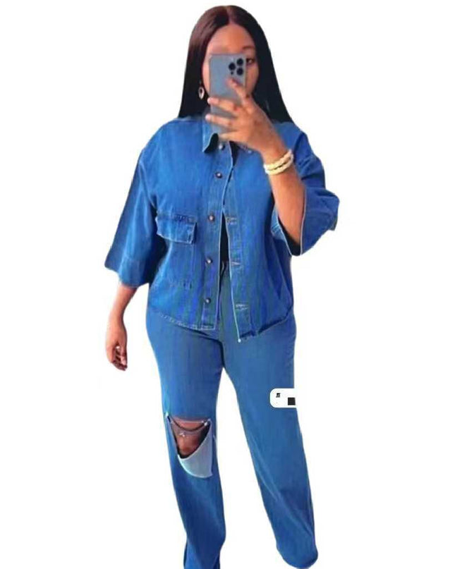 Women's Ripped Denim Shirt & Trousers Two-Piece Set