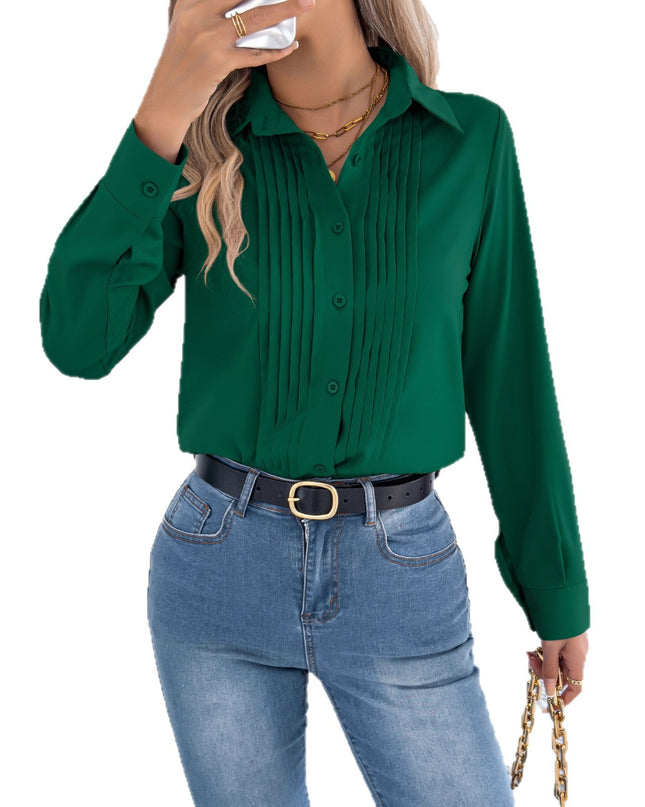 Women's Pleated Button-Up Long Sleeve Business Shirt – 4-Way Stretch, 3 Colors, S–XL