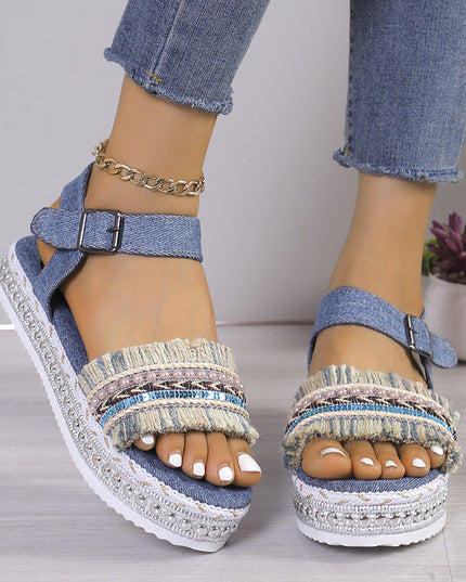 Women's Tassel Denim Flat Sandals – Thick Sole, Buckle Closure, Boho Style, 2 Colors, US 6–11