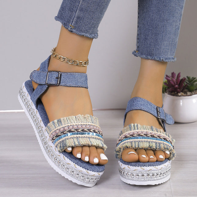 Women's Tassel Denim Flat Sandals – Thick Sole, Buckle Closure, Boho Style, 2 Colors, US 6–11