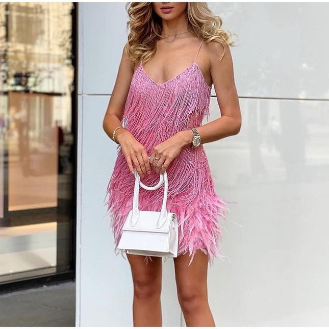 Sequin Feather Tassel Mini Dress | Spaghetti Strap V-Neck Party Dress for Women