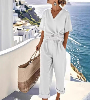 Pleated Irregular Two-Piece Set | V-Neck Top & Cropped Pants for Women