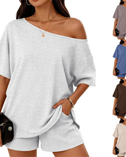 Women's Drop-Shoulder Slant-Neck Top & Shorts Set