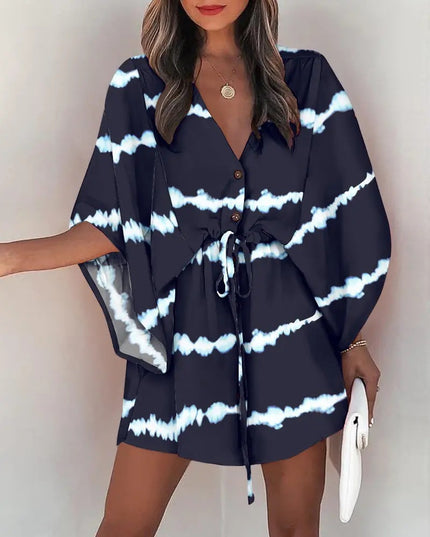Women's Silk A-Line Printed Dress – V-Neck, Flying Sleeves, S–XXXL