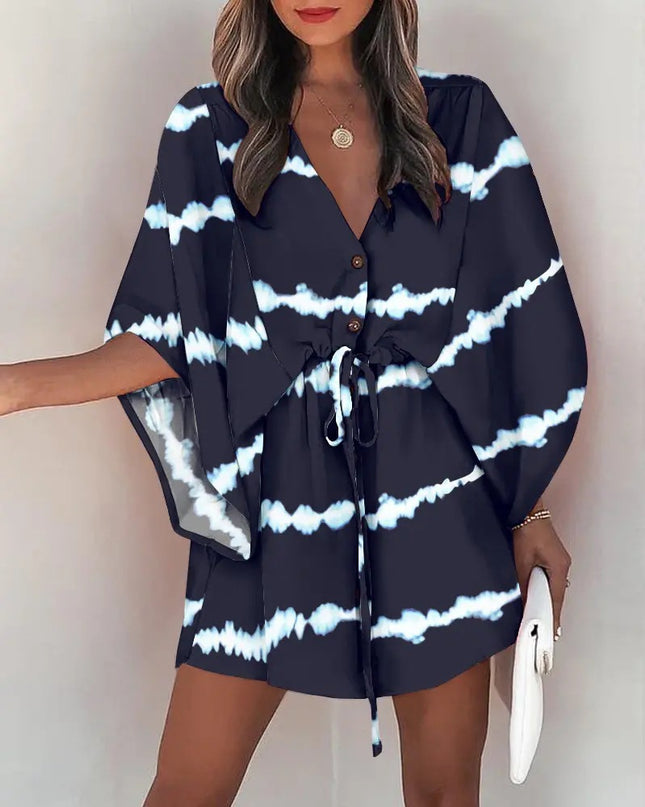 Women's Silk A-Line Printed Dress – V-Neck, Flying Sleeves, S–XXXL
