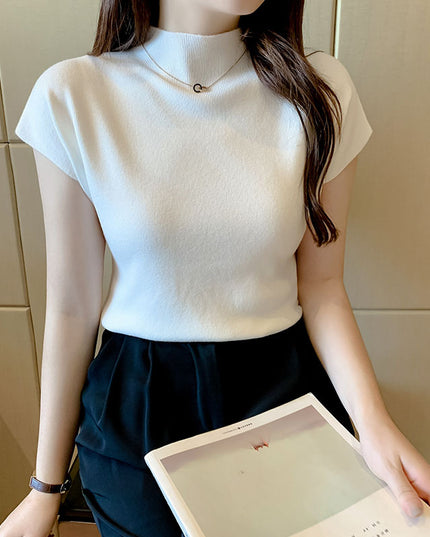 Women's Ice Silk Knit Top – Half-High Collar, Slim Fit, 9 Colors