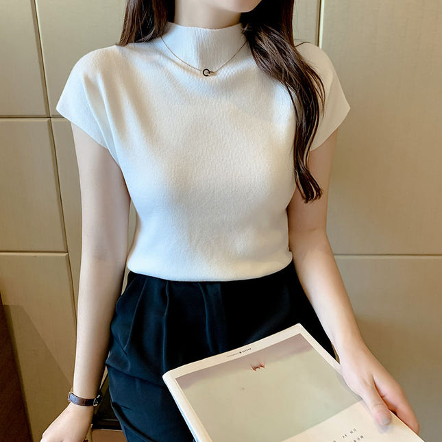 Women's Ice Silk Knit Top – Half-High Collar, Slim Fit, 9 Colors