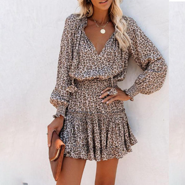 Women's Floral & Leopard Print Puff Sleeve Waist-Tie Dress