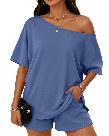 Women's Drop-Shoulder Slant-Neck Top & Shorts Set