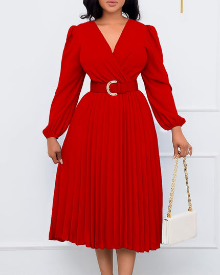 Long Sleeve V-Neck Pleated Midi Dress with Belt | High Waist Elegant Dress