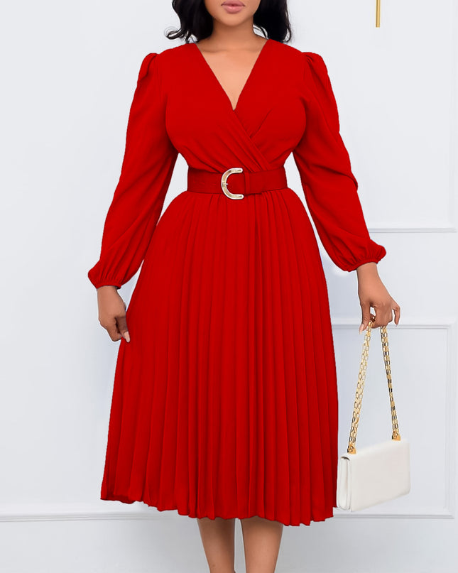Long Sleeve V-Neck Pleated Midi Dress with Belt | High Waist Elegant Dress