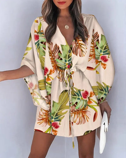 Women's Silk A-Line Printed Dress – V-Neck, Flying Sleeves, S–XXXL