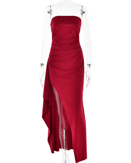 Strapless Backless Maxi Dress – Pleated A-Line Split Gown