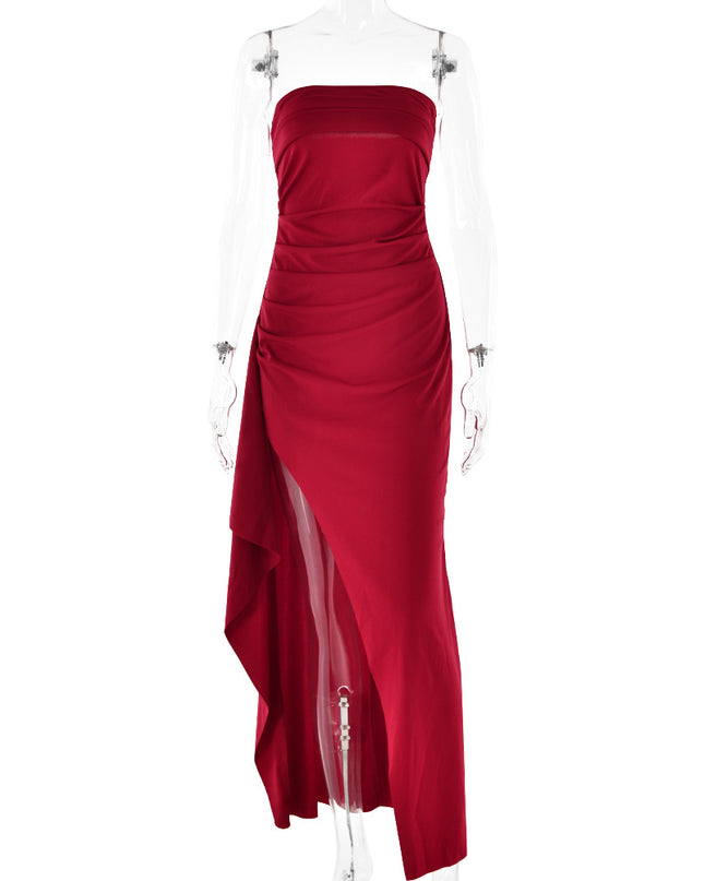 Strapless Backless Maxi Dress – Pleated A-Line Split Gown