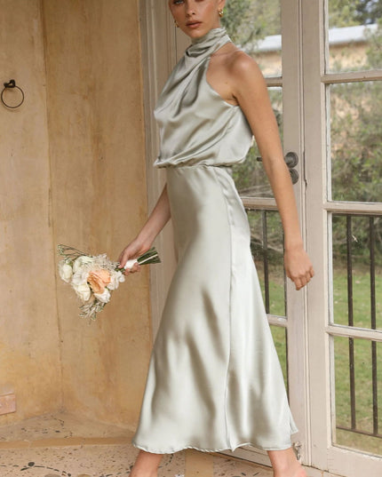 Halter Neck High Waist Maxi Dress – Sleeveless Zipper Evening Dress
