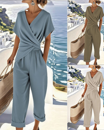 Pleated Irregular Two-Piece Set | V-Neck Top & Cropped Pants for Women