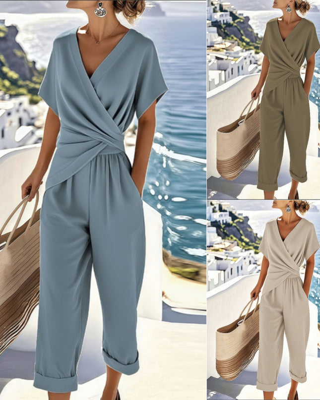 Pleated Irregular Two-Piece Set | V-Neck Top & Cropped Pants for Women