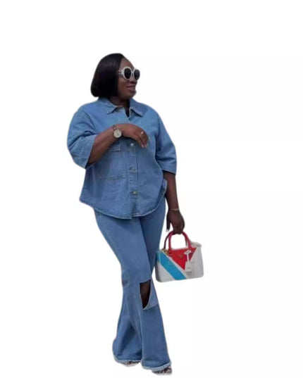 Women's Ripped Denim Shirt & Trousers Two-Piece Set
