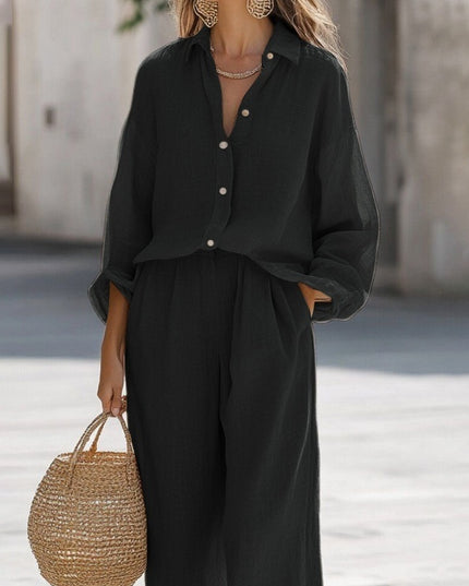 Women's Casual Lapel Long-Sleeve Shirt & Trousers Two-Piece Set – 6 Colors, S–3XL