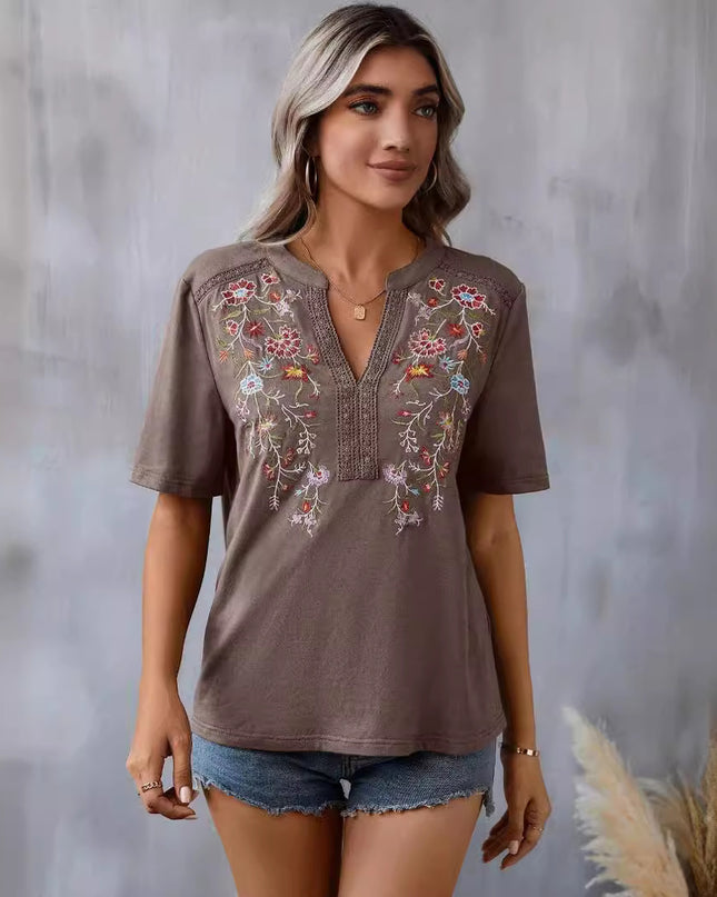 Floral Embroidery Lace-Collar Blouse